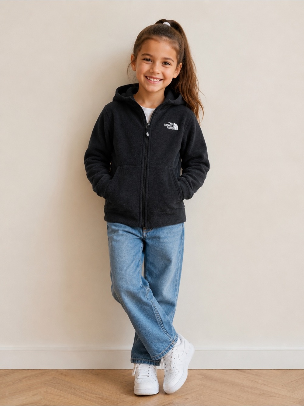 The North Face Girls Black Full Zip Fleece Hoodie Jacket Size 7/8. S/P